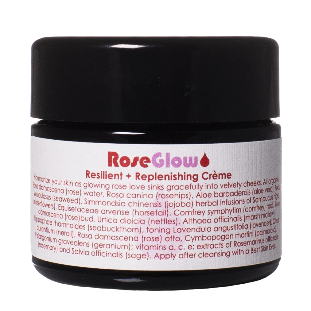 A small black jar from Living Libations with a white label that displays the product name "Rose Glow Crème" in red text. The label includes a detailed list of natural ingredients, including rose hydrosol, and instructions for applying this exquisite botanical moisturizer.