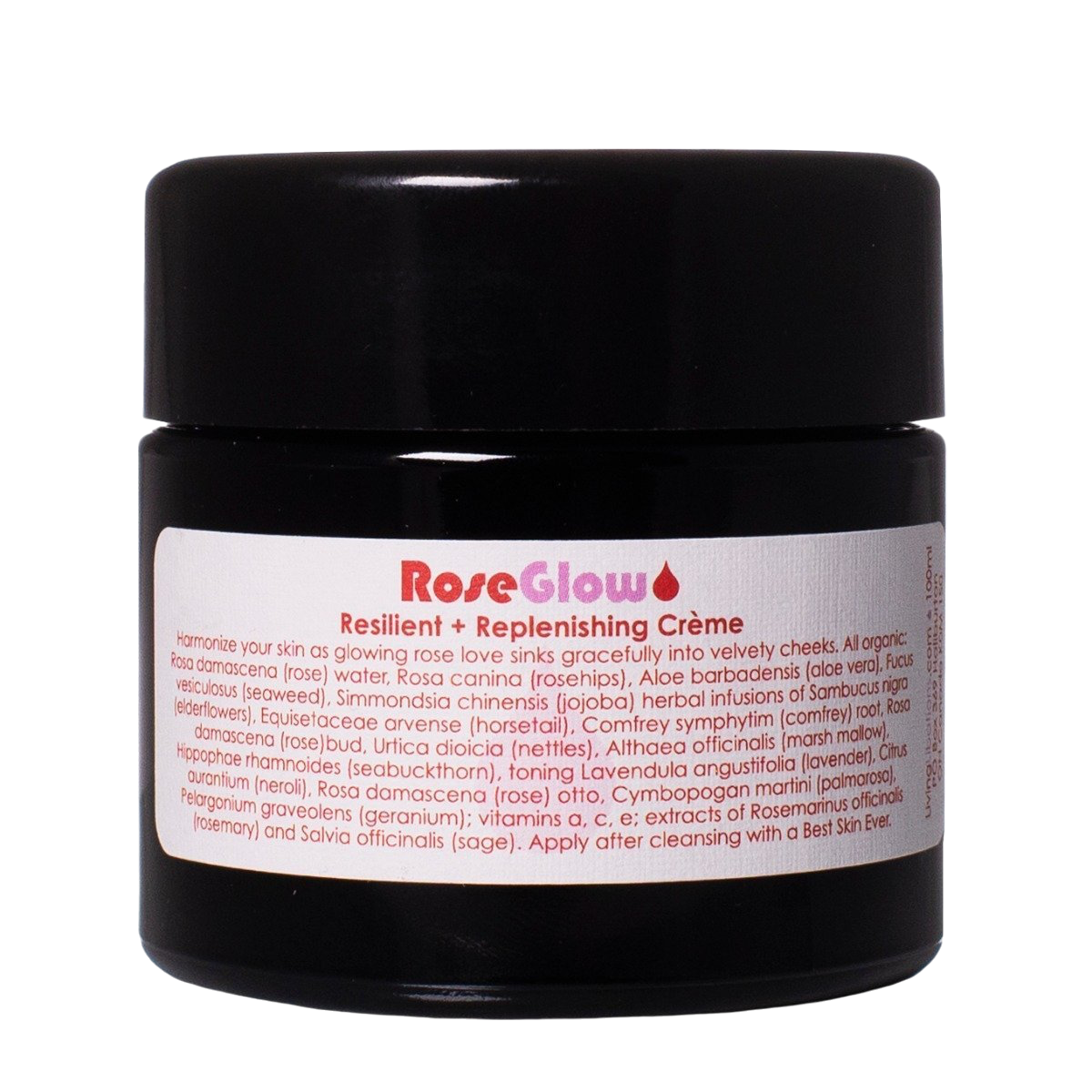 A black cylindrical container with a white label displays the product name "Rose Glow Crème" by Living Libations. This botanical moisturizer features rose hydrosol, and the label lists ingredients and usage instructions in small text.