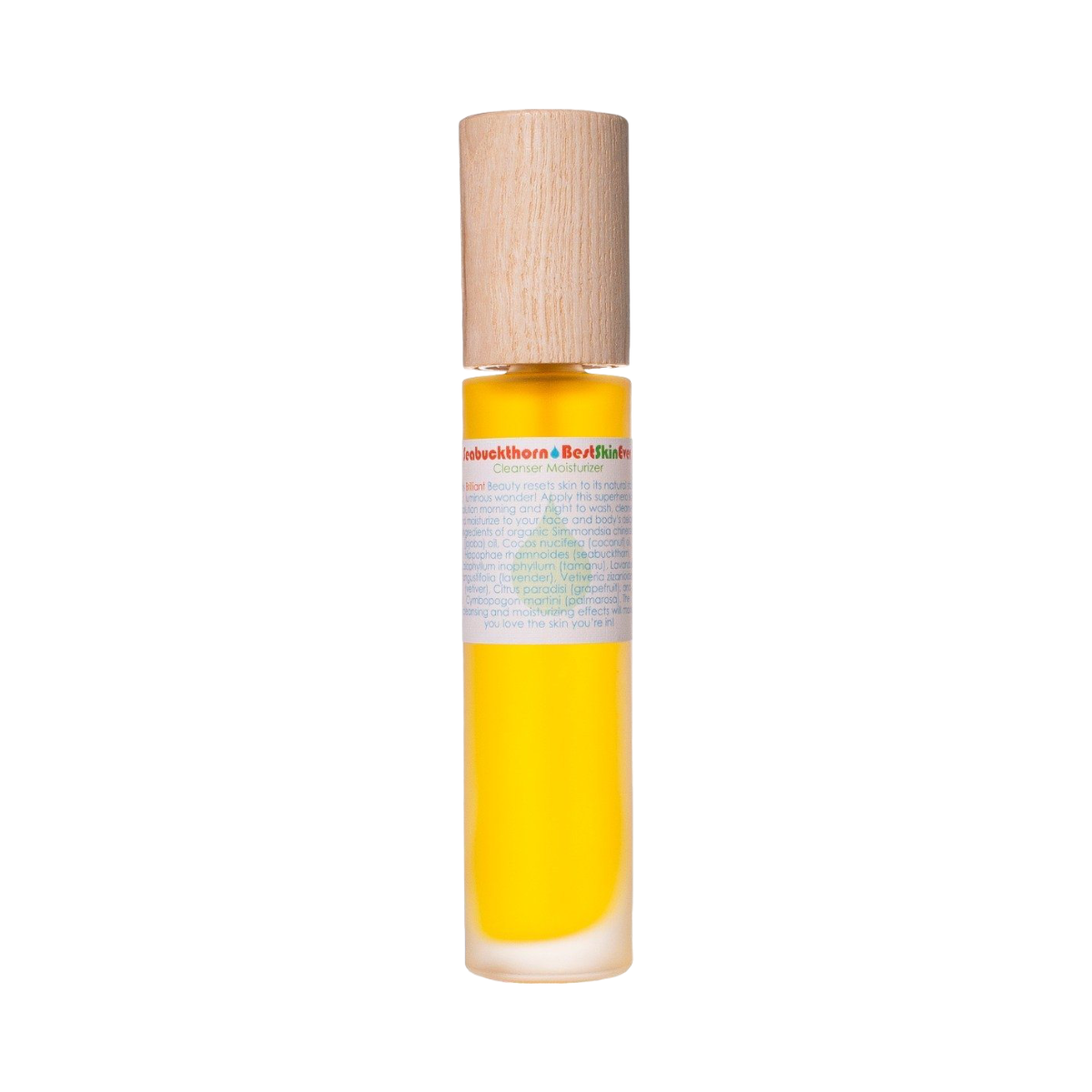 A transparent cylindrical bottle with a wooden cap, filled with a yellow liquid that is likely organic oils or serum. The bottle features a white label with text and a green emblem highlighting Seabuckthorn. It contains the Best Skin Ever Cleanser - Seabuckthorn by Living Libations.