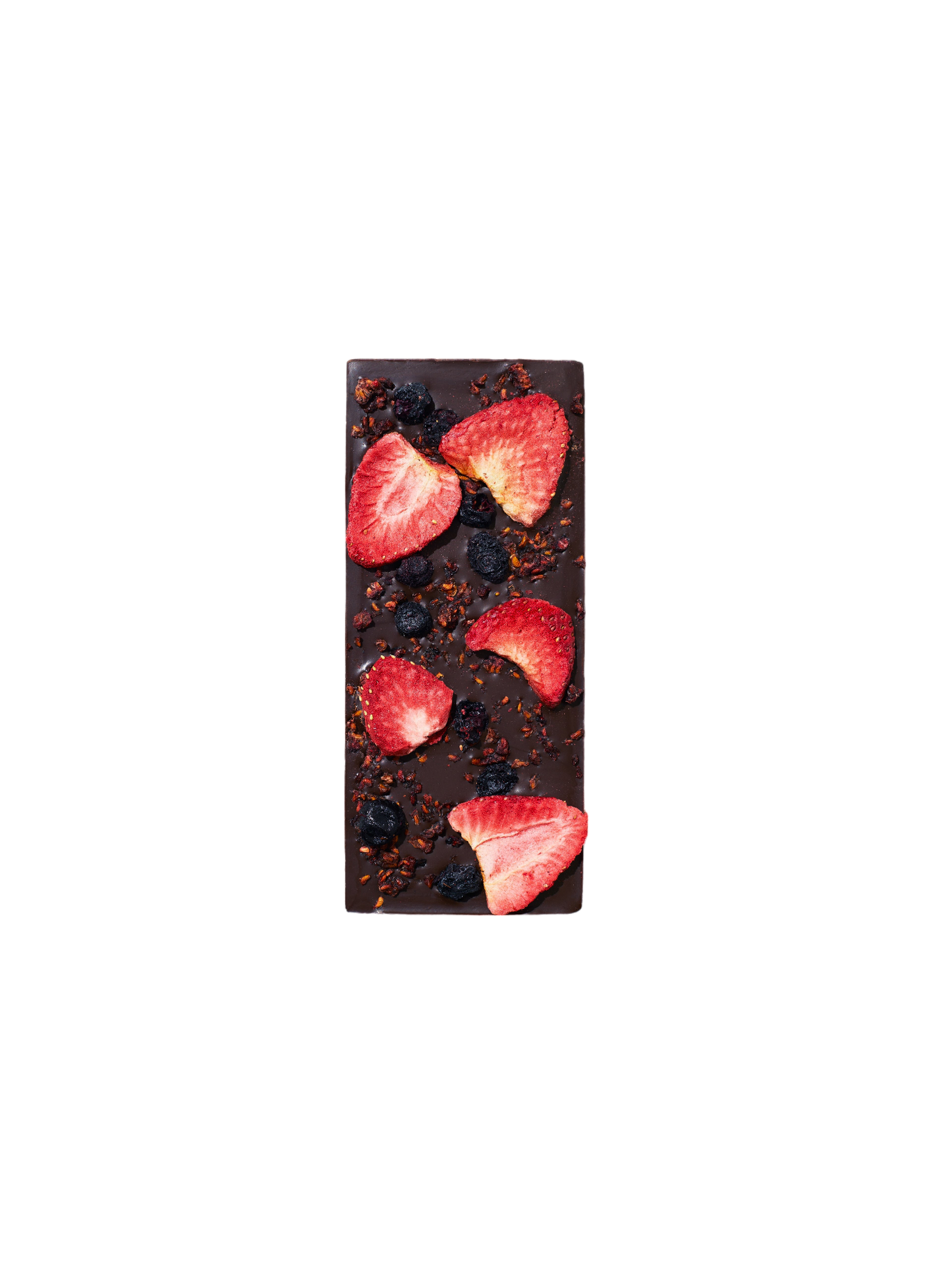 Spring & Mulberry's Mixed Berry Date-Sweetened Chocolate is a dark chocolate bar adorned with dried strawberries and blueberries. Centered on a plain black background, the vibrant reds of the strawberries and deep blues of the blueberries stand out against the rich brown chocolate. Crafted with organic ingredients, this luxurious treat offers a delightful berry-chocolate experience.