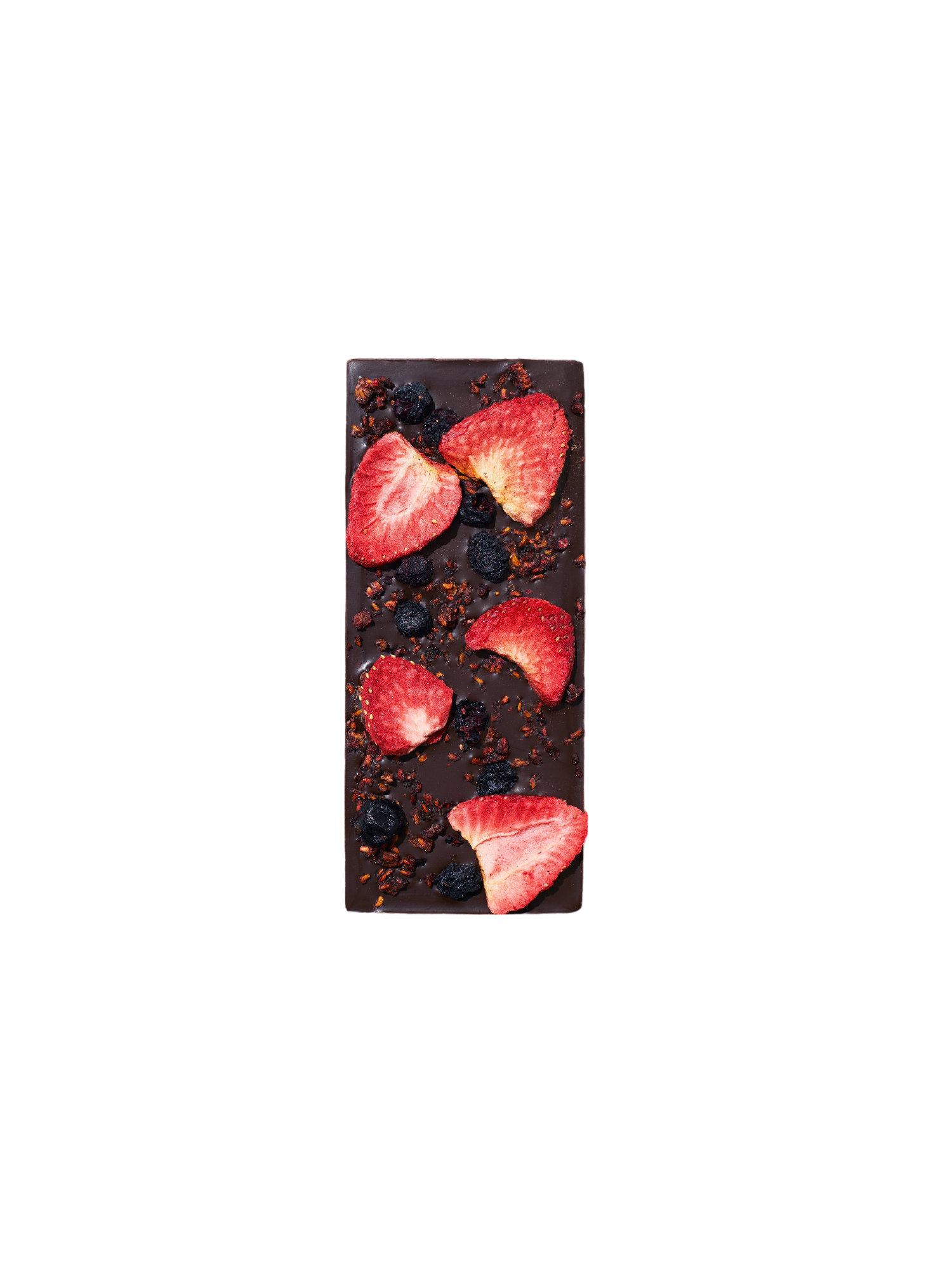 Spring & Mulberry's Mixed Berry Date-Sweetened Chocolate is a dark chocolate bar adorned with dried strawberries and blueberries. Centered on a plain black background, the vibrant reds of the strawberries and deep blues of the blueberries stand out against the rich brown chocolate. Crafted with organic ingredients, this luxurious treat offers a delightful berry-chocolate experience.