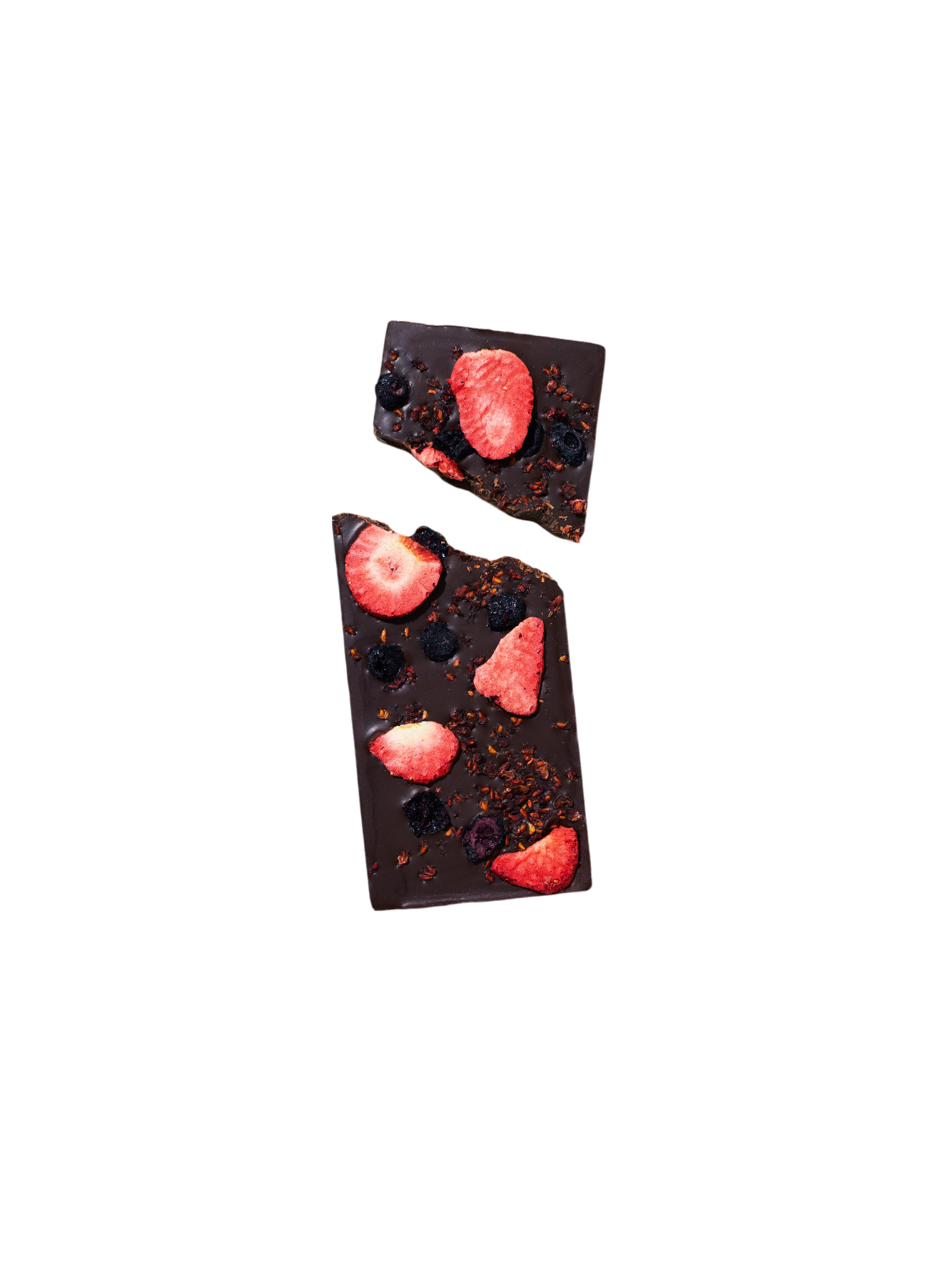 A delectable Spring & Mulberry Mixed Berry Date-Sweetened Chocolate bar, adorned with dried strawberries and blueberries, broken into two pieces, set against a black background. Crafted with organic ingredients.