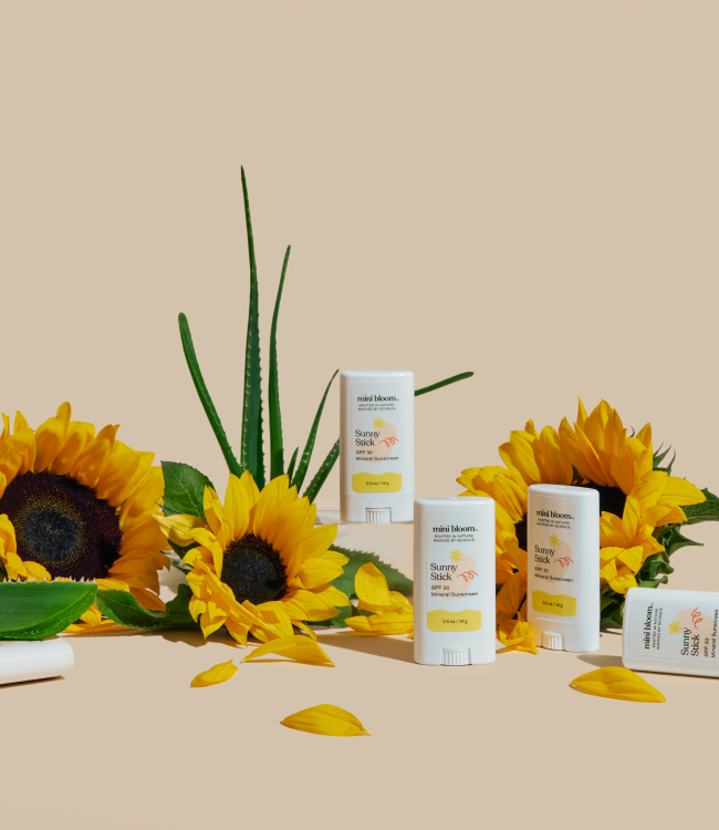 Four tubes of mini bloom Sunny Stick Mineral Sunscreen SPF 30, a gentle mineral sunscreen ideal for babies, are arranged among sunflowers and aloe vera leaves on a beige background. The packaging is white with yellow accents, complemented by scattered sunflower petals.