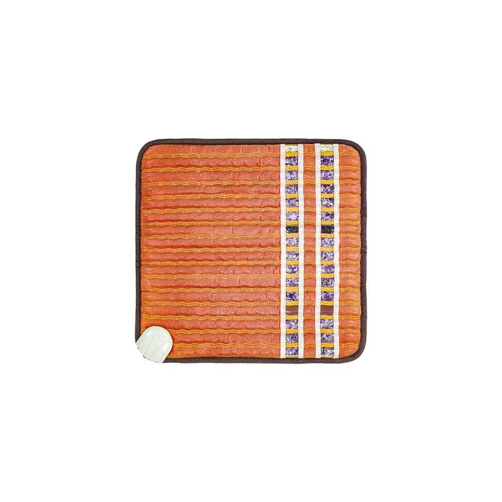 Introducing the HealthyLine TAO-Mat® Small 1818 Soft InfraMat Pro®, a square orange heating pad with textured horizontal lines and two vertical patterned stripes on the right side. This lightweight wellness assistant features a white control unit attached to the bottom left corner of the pad.