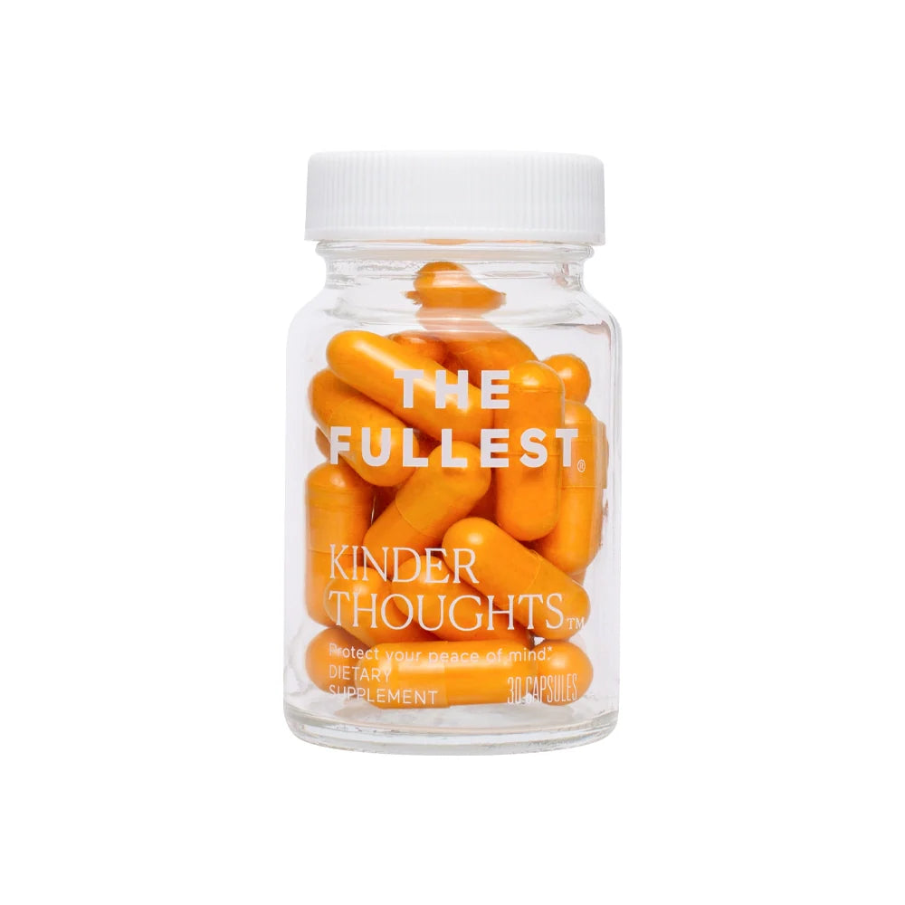 A transparent bottle labeled "Kinder Thoughts" by THE FULLEST contains orange capsules, offering to safeguard your mental tranquility through its mood-enhancing qualities. This dietary supplement is sealed with a white cap and exudes the subtle potency of a saffron supplement.