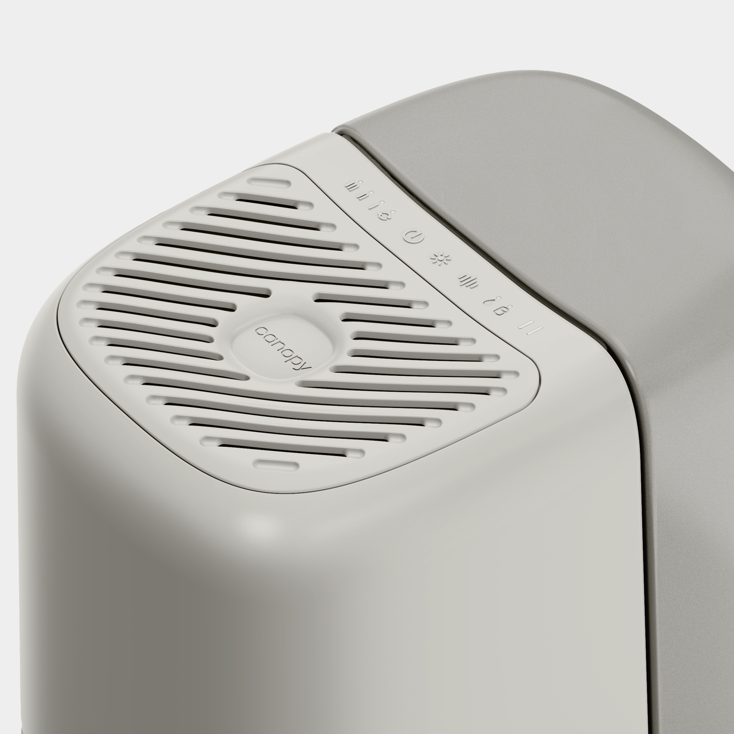 A sleek, modern Bedside Humidifier 2.0 in light gray features air vents and buttons with icons for settings, while the Canopy brand name elegantly adorns the vented area to blend form and function.