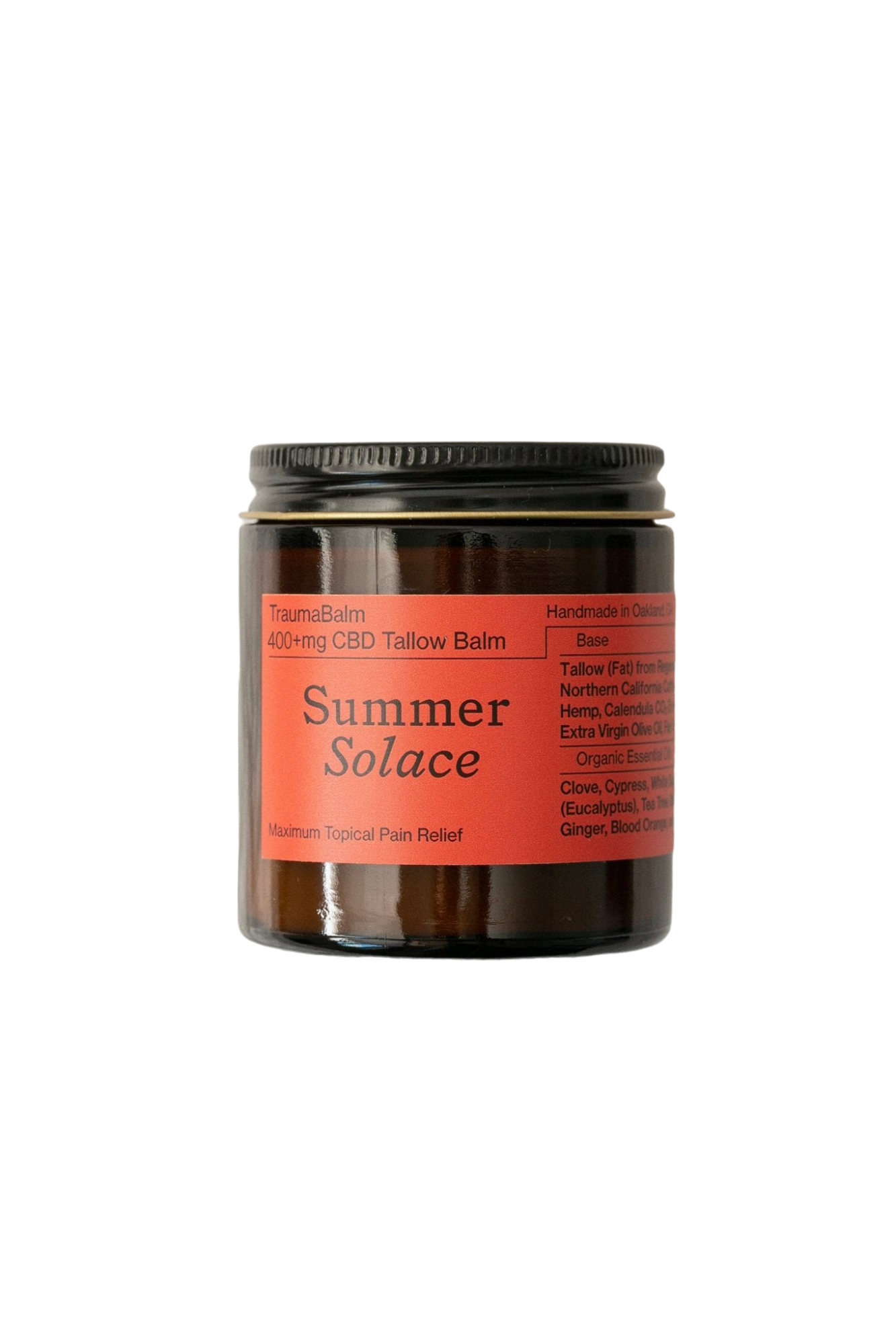 A brown glass jar labeled "TraumaBalm Soothe Soreness - Regenerative Tallow™" with an orange label that reads "Summer Solace Tallow," "Maximum Topical Pain Relief." The jar features a black screw-on lid and a list of ingredients, highlighting Onda herbal infusion's anti-inflammatory benefits, and notes "Handmade in Oakland, CA" on the label.