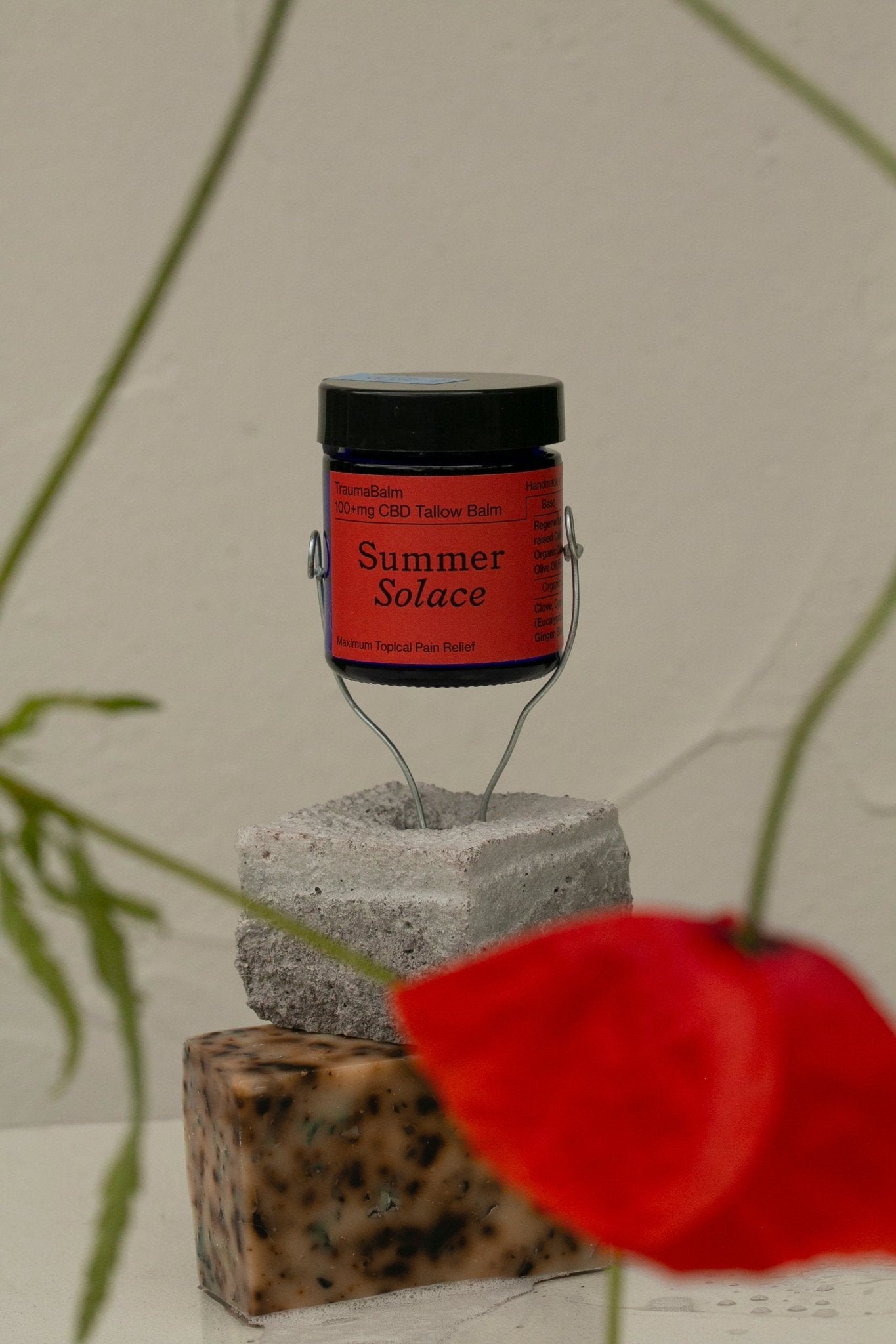 A red jar labeled "TraumaBalm Soothe Soreness - Regenerative Tallow™" by Summer Solace Tallow sits elevated on a metallic stand atop a gray stone block. The setup features Onda herbal infusion and is part of a minimalistic arrangement with green plant stems and a red poppy flower, creating a natural and earthy aesthetic.