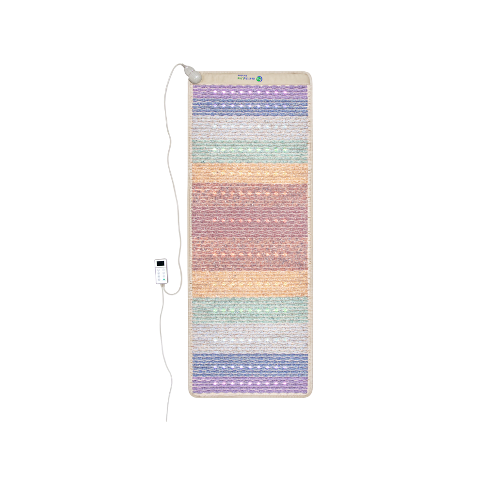 The HealthyLine Rainbow Chakra Mat™ Large 7428 Firm - PEMF Inframat Pro® Third Edition is a rectangular mat with horizontal pastel stripes in shades of purple, pink, orange, and green designed for chakra cleansing. It comes with a white controller featuring buttons and a small display screen, connected to the top left corner of the mat.