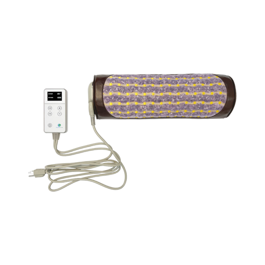 The Amethyst Bolster Firm | Heated InfraMat Pro® from HealthyLine is a cylindrical device wrapped in textured purple and yellow fabric, resembling an amethyst bolster. It comes with an attached remote control featuring a digital display and several buttons, and a power cord. This electronic massager or heating pad promotes natural healing for your comfort.