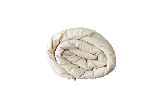 The Ashland Organic Wool Comforter from Shepherd's Dream, neatly rolled up and GOTS-certified, rests against a plain white background, providing thermoregulating warmth and comfort.