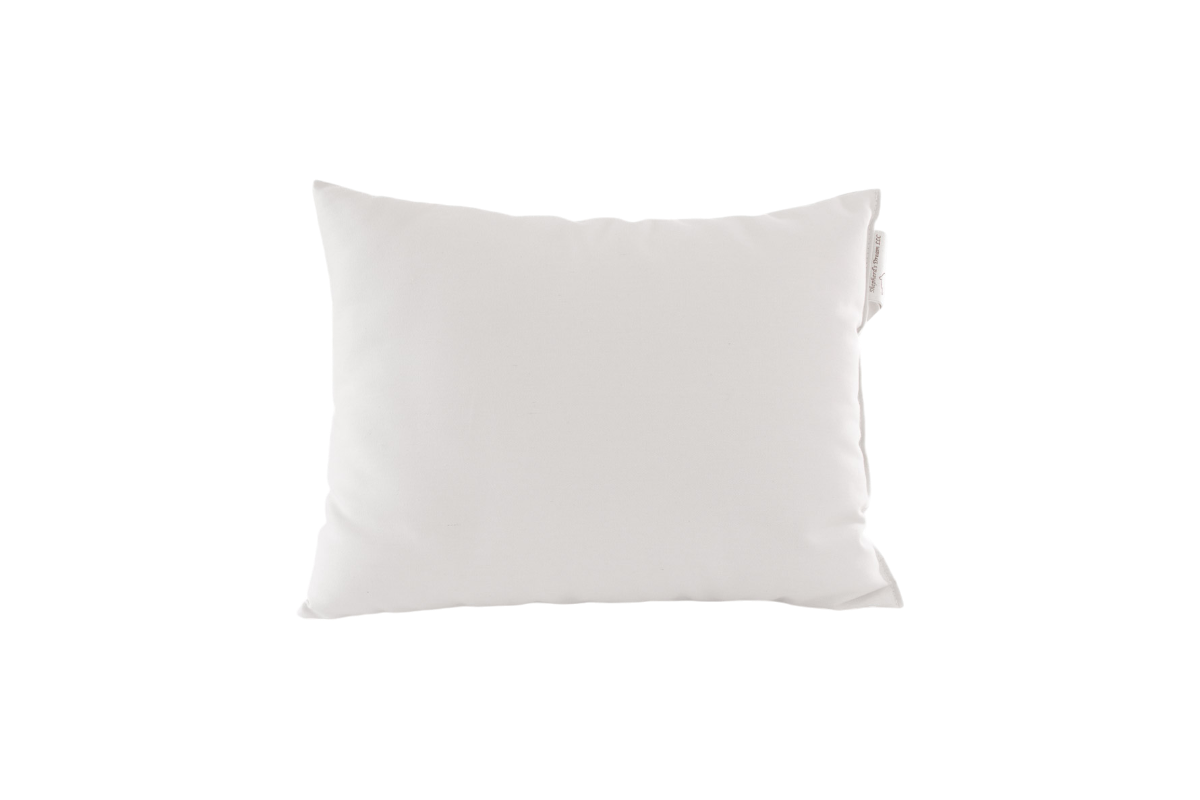 A plain white square pillow, known as the Child's Sleep Pillow by Shepherd's Dream, crafted from natural wool and featuring a subtle tag on the side, set against a transparent background.