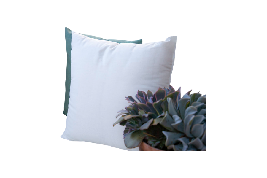 An Organic Wool and Cotton Throw Pillow by Shepherd's Dream, in white, is placed in front of a larger green pillow. In the foreground, a pot brims with vibrant green succulents. The minimalistic scene features soft natural colors, complemented by these elegant throw pillows.