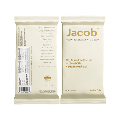 The front and back of a The Jacob Bar package showcase key features such as "20g Grass-Fed Whey Protein, Organic Honey, No Seed Oils, Nothing Artificial," while the reverse highlights ingredients and nutritional information, focusing on the organic and grass-fed aspects of the Jacob Bar by Jacob Bar.