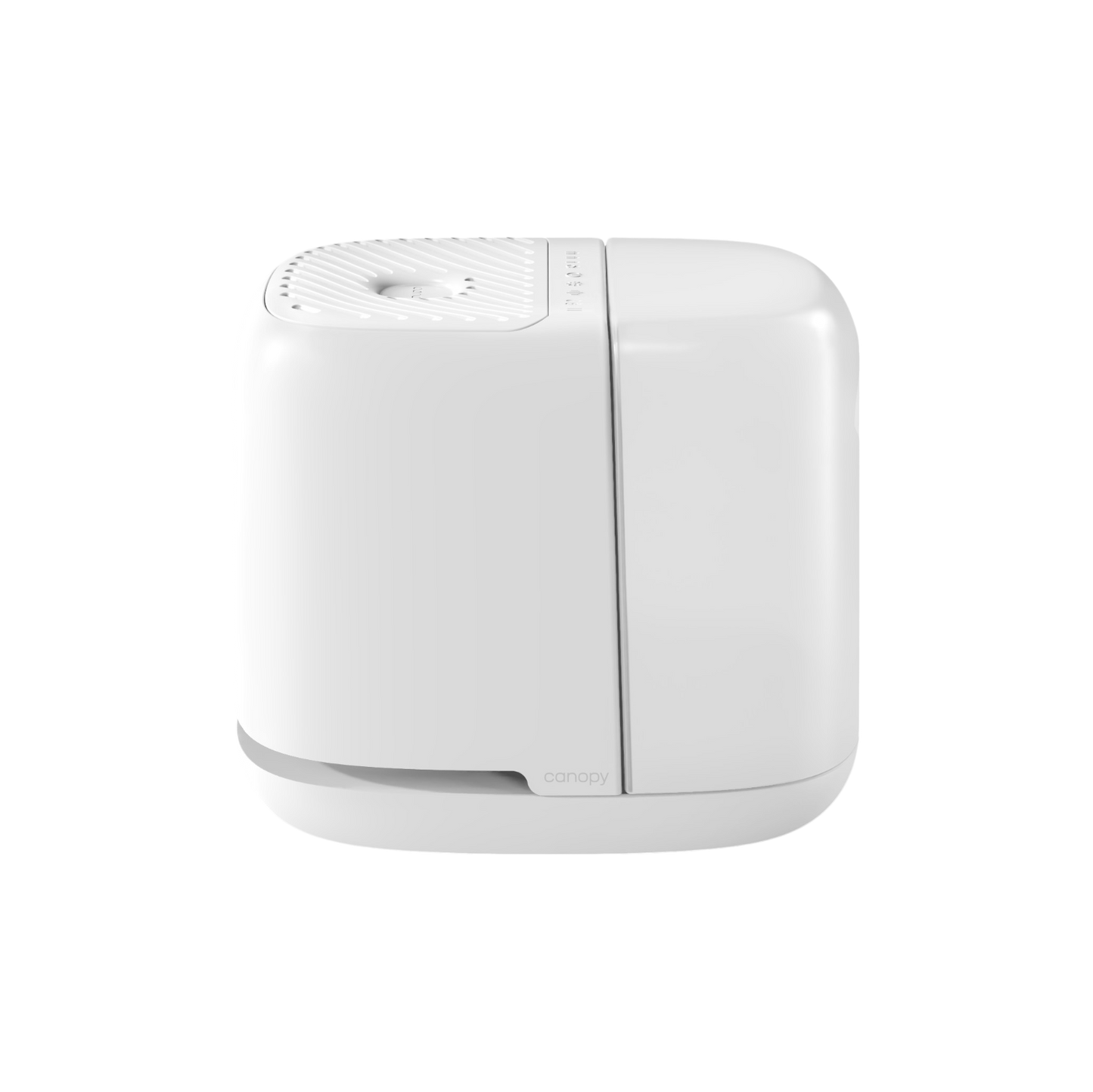 The Canopy Bedside Humidifier 2.0 features a sleek white, modern design with a rounded style and textured top surface. A small logo near the base enhances its compact and minimalistic look, ideal for contemporary home settings.