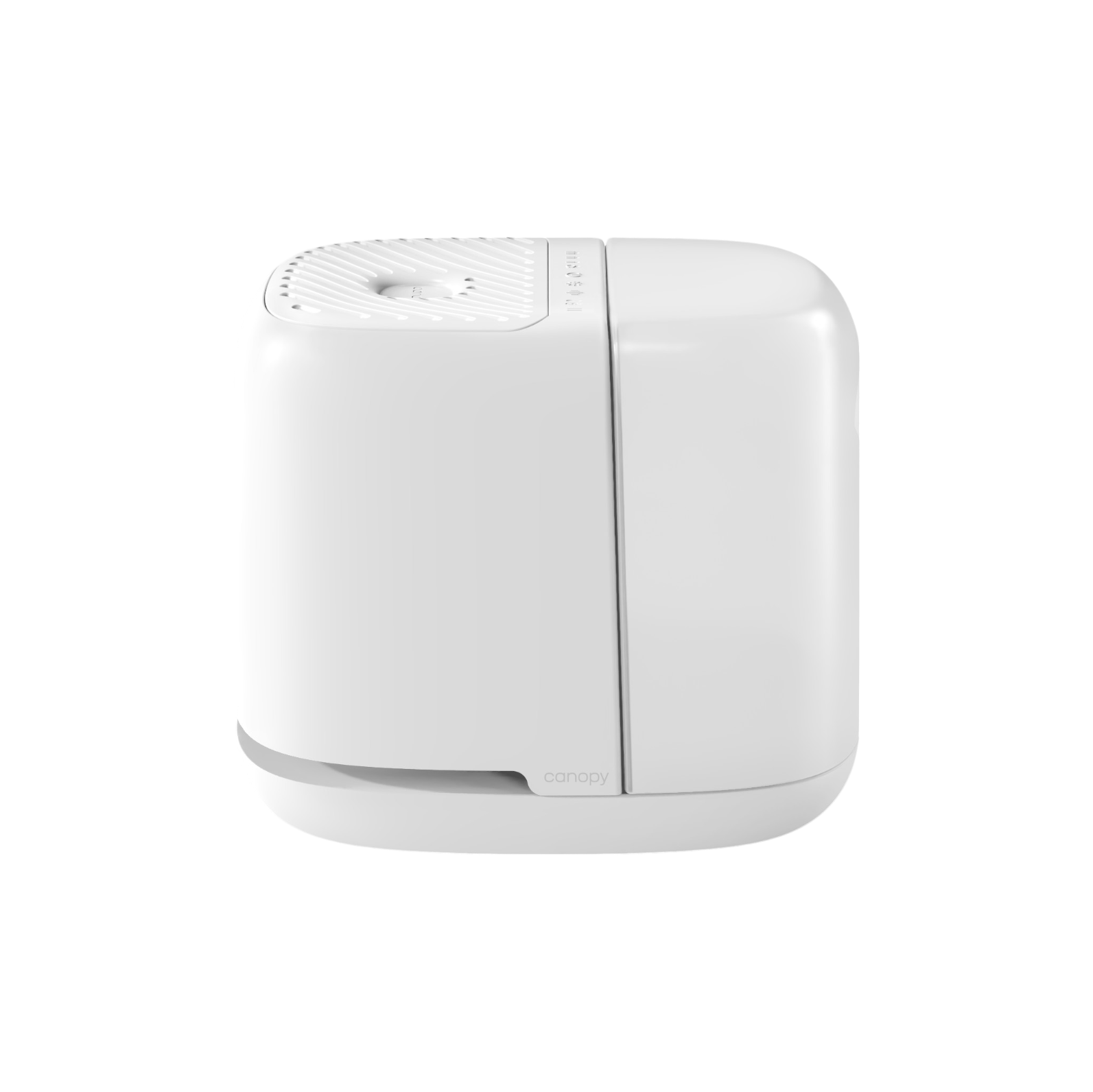 The Canopy Bedside Humidifier 2.0 features a sleek white, modern design with a rounded style and textured top surface. A small logo near the base enhances its compact and minimalistic look, ideal for contemporary home settings.