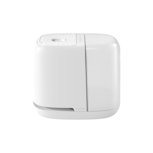 The Canopy Bedside Humidifier 2.0 features a sleek white, modern design with a rounded style and textured top surface. A small logo near the base enhances its compact and minimalistic look, ideal for contemporary home settings.