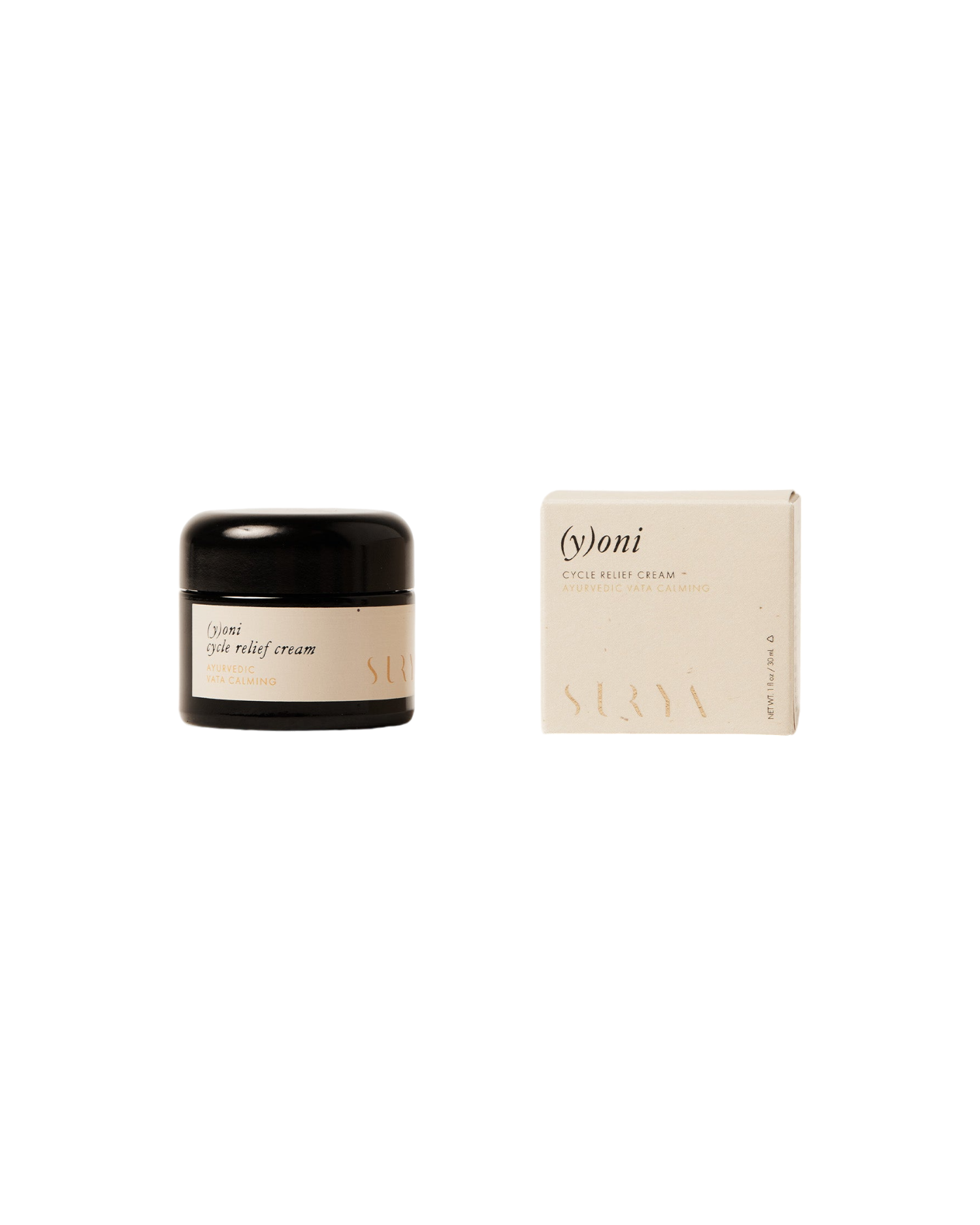 A small jar labeled "(y)oni Cycle Relief Cream" from Surya is accompanied by a matching box. The jar has a black lid, and the light-colored box features a minimalist design. This intimate skin care solution harnesses the power of Ayurvedic botanicals for natural relief.